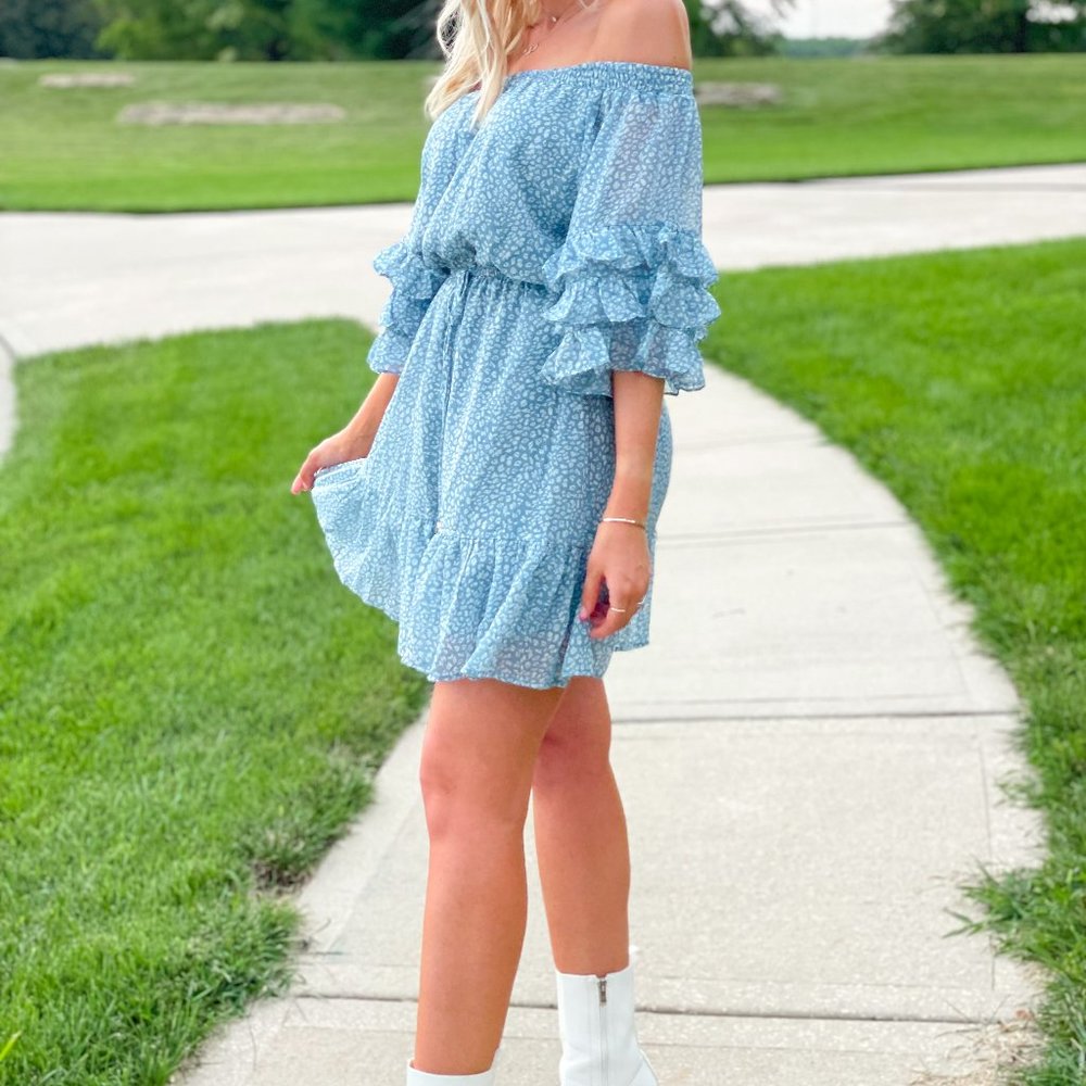 Off the Shoulder Blue Ruffle Mini Dress
